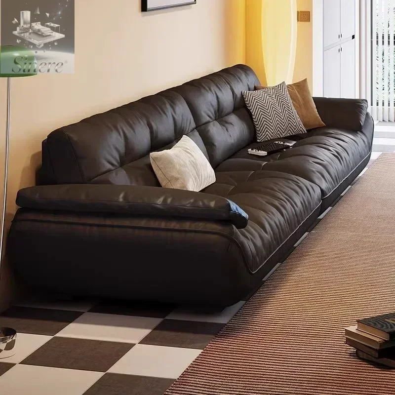 

Simple modern leather sofa first layer cowhide Italian minimalist light luxury straight row down sailboat cloud sofa living room