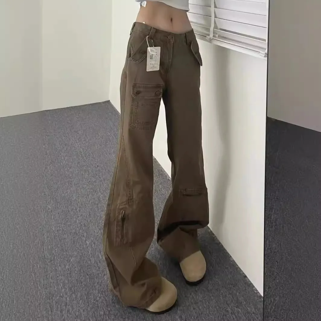 New Retro Khaki Work Jeans for Spring and Summer. Women's American High Street Style Low-waisted Denim Slightly Flared Trousers