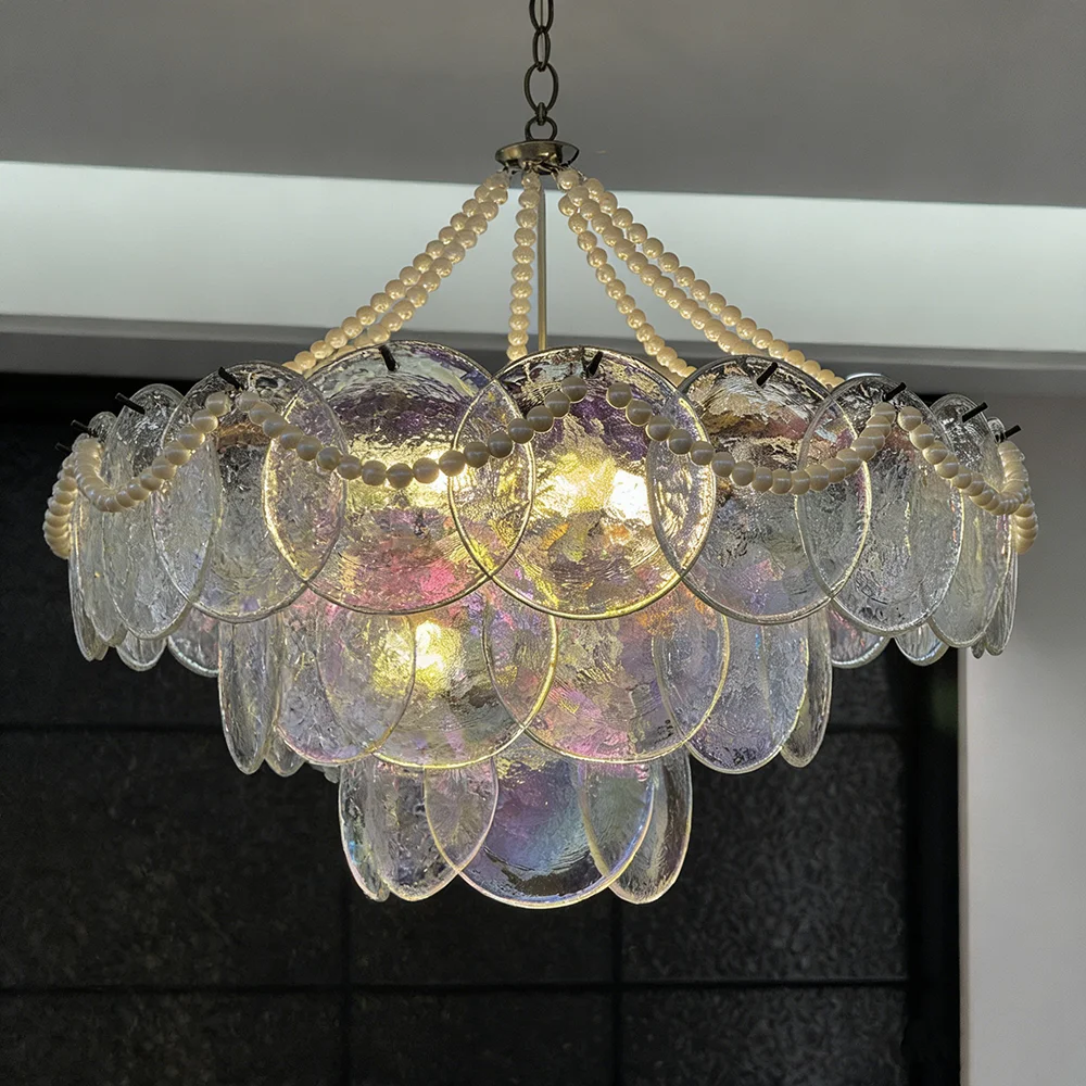 Vintage Luxus Transparenter Glas-Kronleuchter mit Perlenkette Runde Französische Mehrstufige Pendelleuchte für Wohn- und Esszimmer