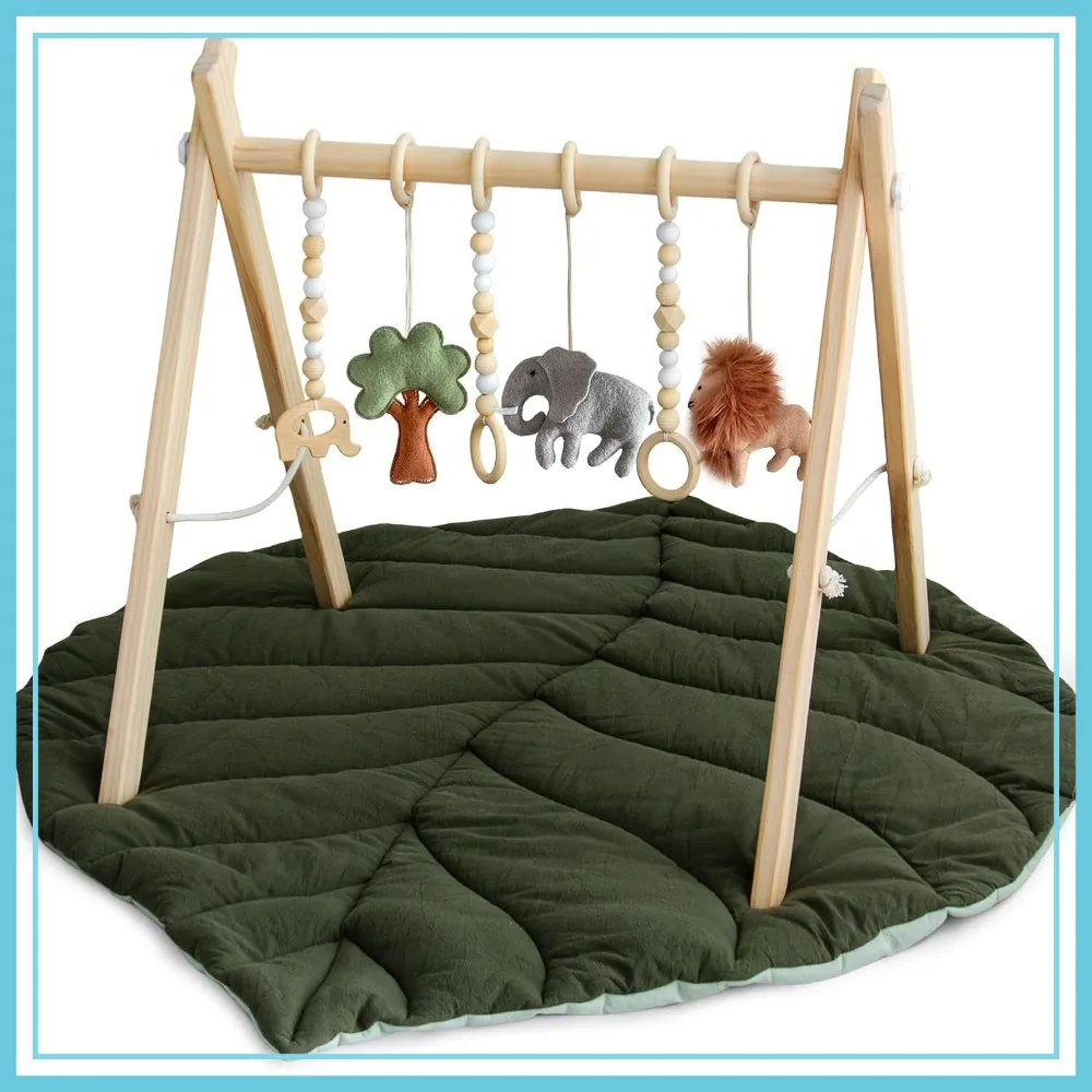 

Wooden Baby Play Gym Activity Mat Leaf Shape with 6 Hanging Sensory Toys Foldable for Newborn Infant
