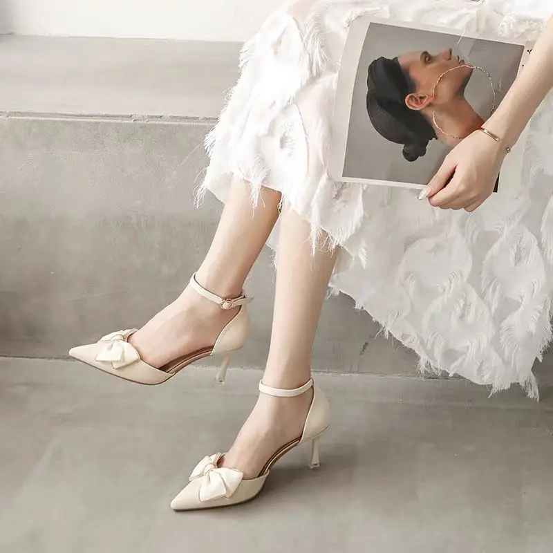 

Middle Heel Thin Heel Butterfly Knot Women Shoes Pointed Toe Shallow Mouth Single Shoes Elegant Dress Wedding Bridal Party Pumps