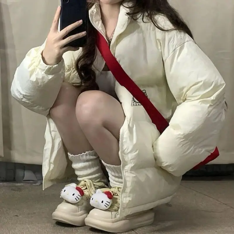 

Белая хлопковая стеганая куртка свободного покроя, теплое зимнее пальто для пар, пальто в стиле хлеба, плотная зимняя верхняя одежда с длинным рукавом