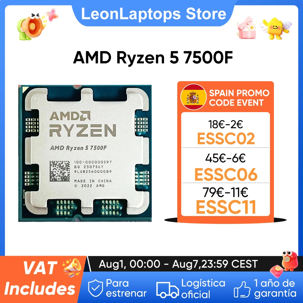 AMD-Processeur Ryzen 5 7500F, CPU R5 7500F, jusqu'à 5.0 GHz, 6 cœurs, 12 fils, 32 Mo, cache de jeu, prise AM5 DDR5, 5200MHz, ordinateur de bureau, joueur