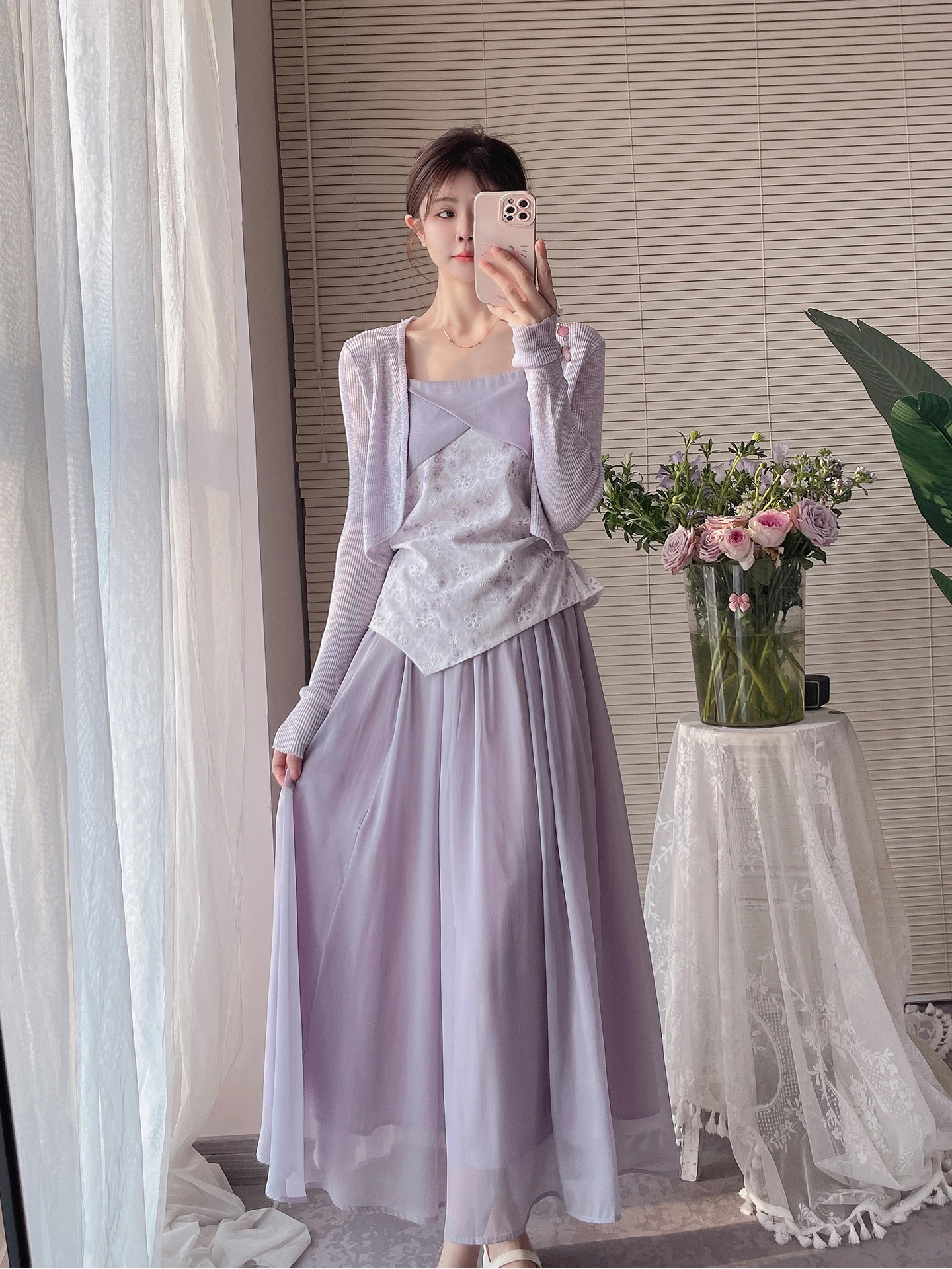 

Elegant Purple Summer Outfit Three-Piece Set Square Collar Long Sleeve Crop Top And High Waist Skirt Asymmetrical Design