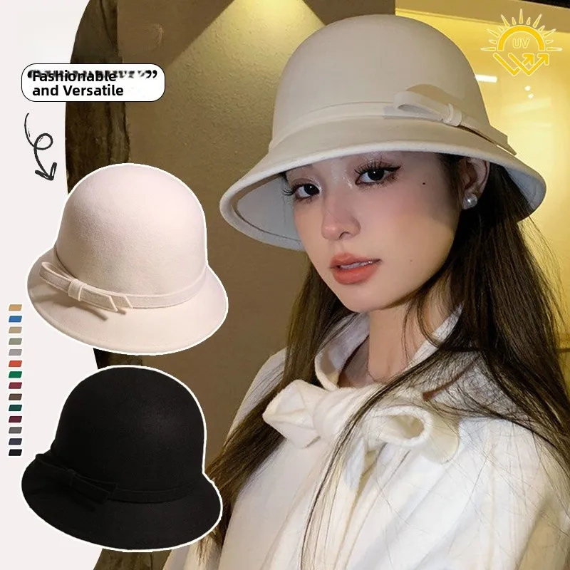 

Elegant Wide Brim Fisherman Hat Women's Winter Fashion Hat Soft Woolen Material Face Slimming Casual round Top Cap