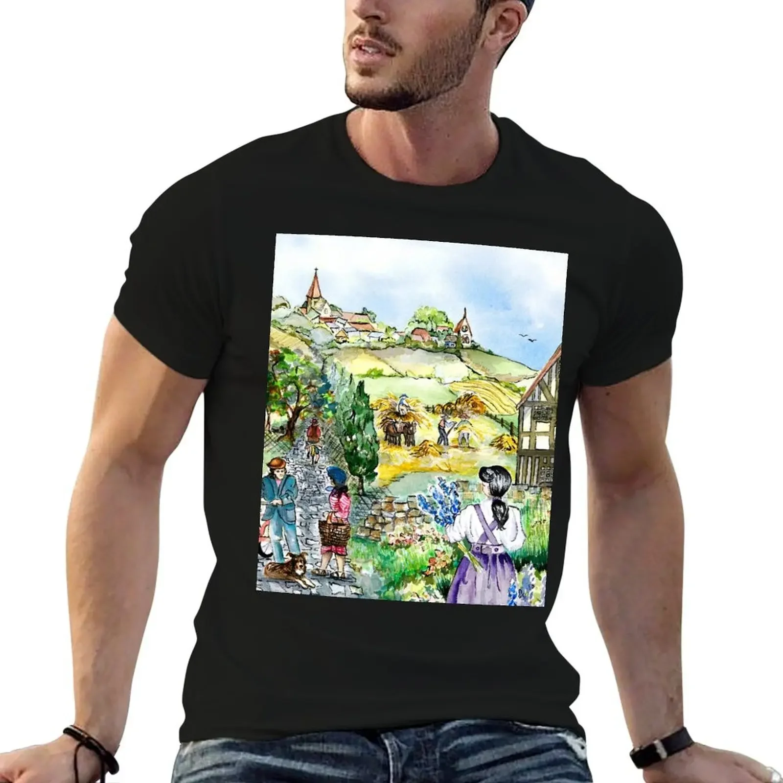 European Village Watercolor Sketch T-Shirt oversized heavyweights t shirt men