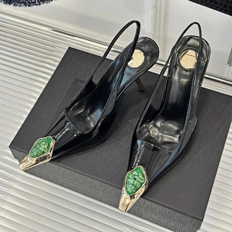 New Spring and Summer Women\'s High Heels High-end Metal Square Head Patent Leather Stiletto Comfortable Back Sandals