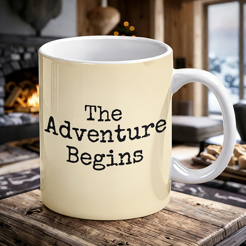 

Inspirational 'The Adventure Begins' Ceramic Mug, Coffee Mug, Milk Cup, Office Tea Cup, Drinking Cup, Gift for Friends