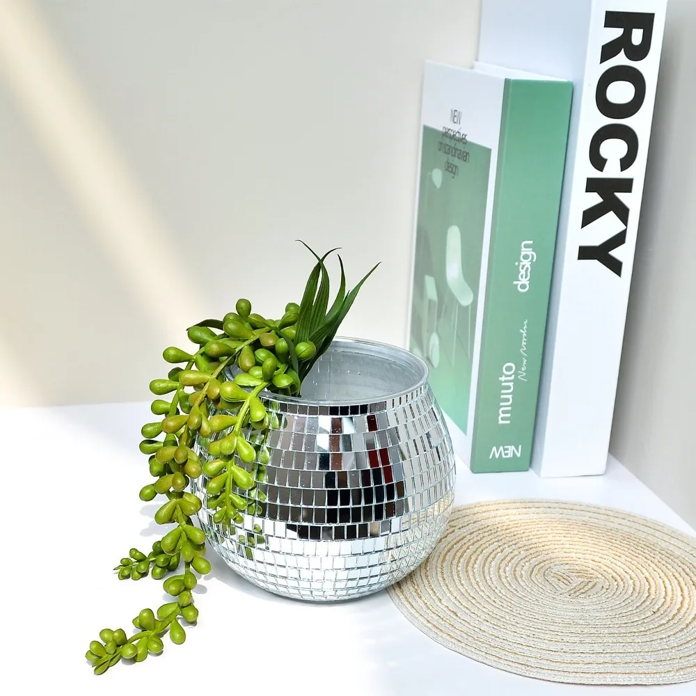 Disco Ball Flower Pot Disco Ball Flower Vase Silver Mirror Glass Decor Vase Planter Disco Ball Plant Holder for home decoration
