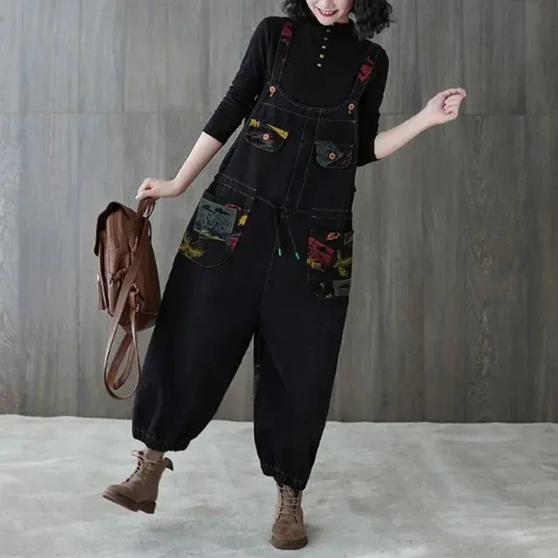 Womens Spring Autumn Harajuku Denim Jumpsuit Black Overalls Streetwear Vintage Print Female Loose Hip Hop Rompers Monos Mujer