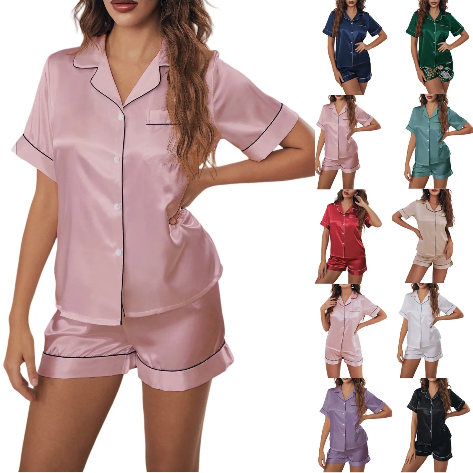 

Women Summer Soft Comfortable Cloth Pajama Solid Color Short Outfit Button Sleepwear Lady Elegant Temperament V Neck Night Wear