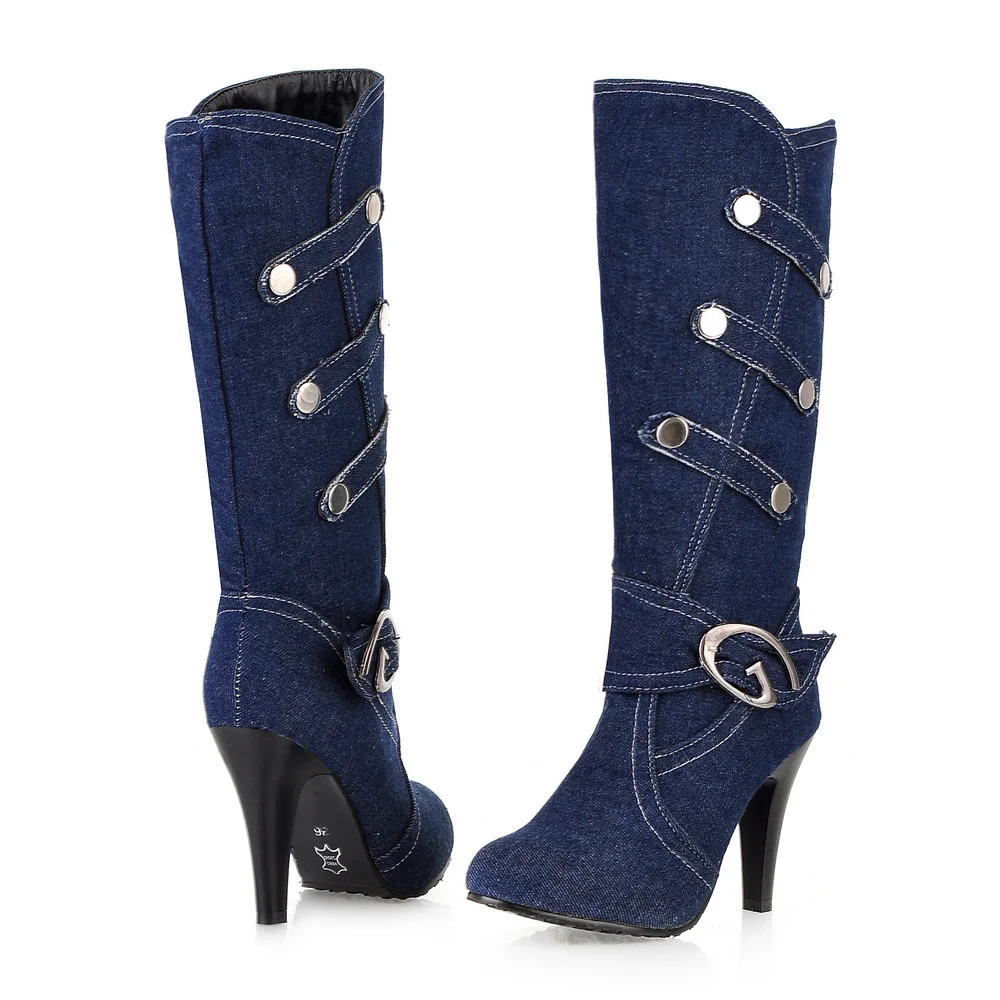 denim high-heeled boots thin heels boots women\'s shoes spring and autumn high-leg boots  boots