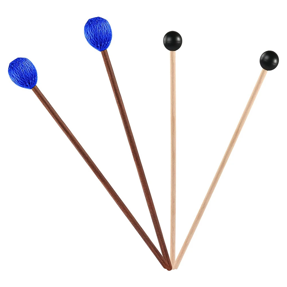 2 Pairs Marimba Mallets Glockenspiel Sticks with Wood Handle Medium Hard Blue Yarn and Black Rubber with Wood Handle