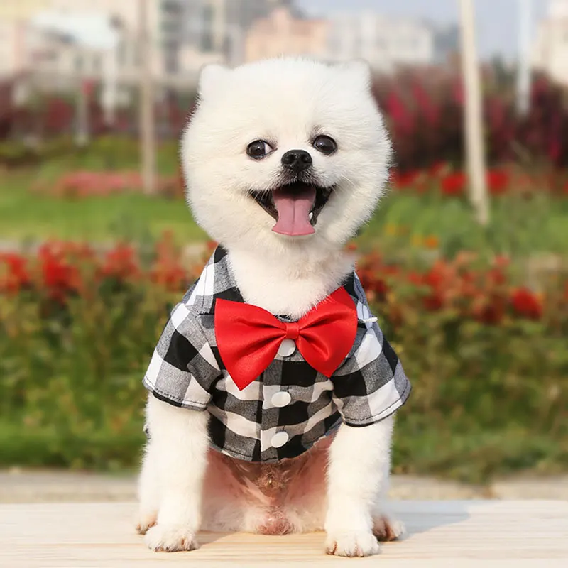 Pet Clothes Dogs Plaid Striped Shirt Suit Wedding Dress Puppy Coat Teddy Bear Pomeranian Vest Small-Medium Dog Cat Pet Costume