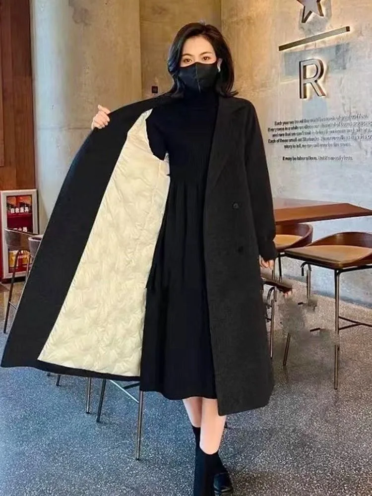 Women's Wool & Blends Long Coat in 2024 Winter, Loose Fit with Chic Single Item Fashion, Thick and Warm with Added Cotton。