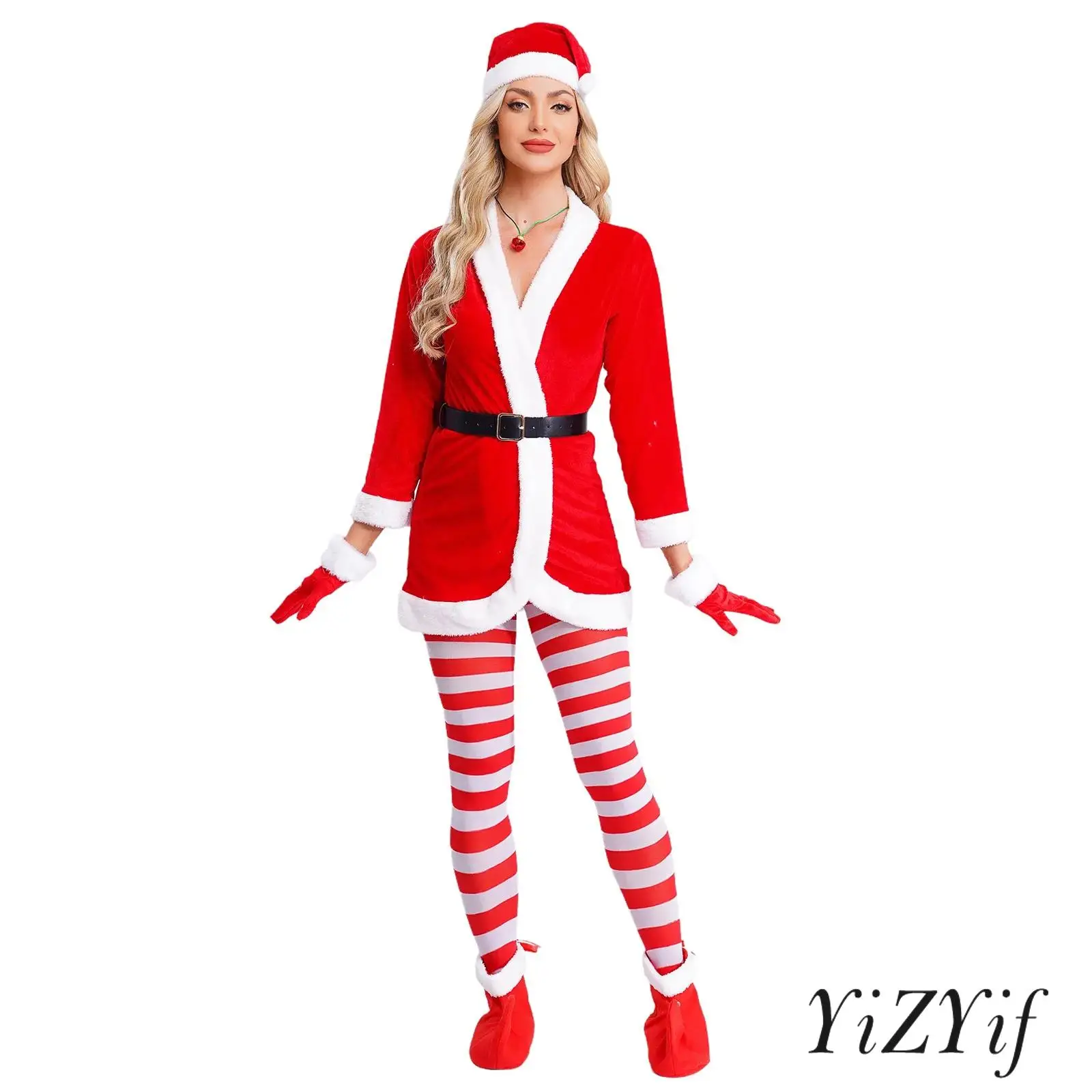

Womens Mrs Santa Claus Outfits 5-piece Xmas Hooded Dress+Waist Belt+Striped Stockings+Hat+Shoes Christmas Party Dress Up Costume