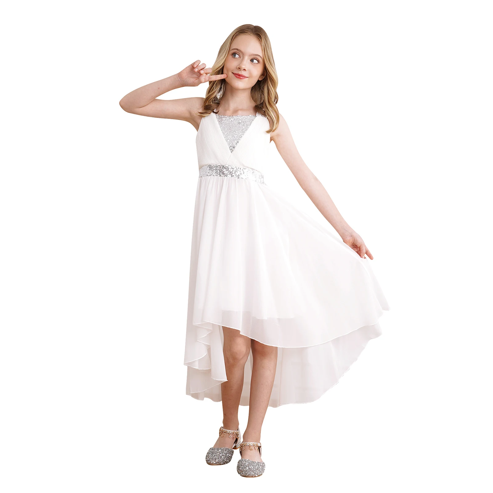 Kids Girls Evening Dresses Sleeveless Chest Sequins Behind Bow Tie Dress Sequin High Waist Irregular Hem Chiffon Skirt