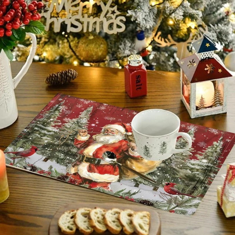 4PCS Christmas Pattern Placemat Maple Leaves Holiday Party Linen Tableware Kitchen Dinning TableMat Cup Party Decor Placemats