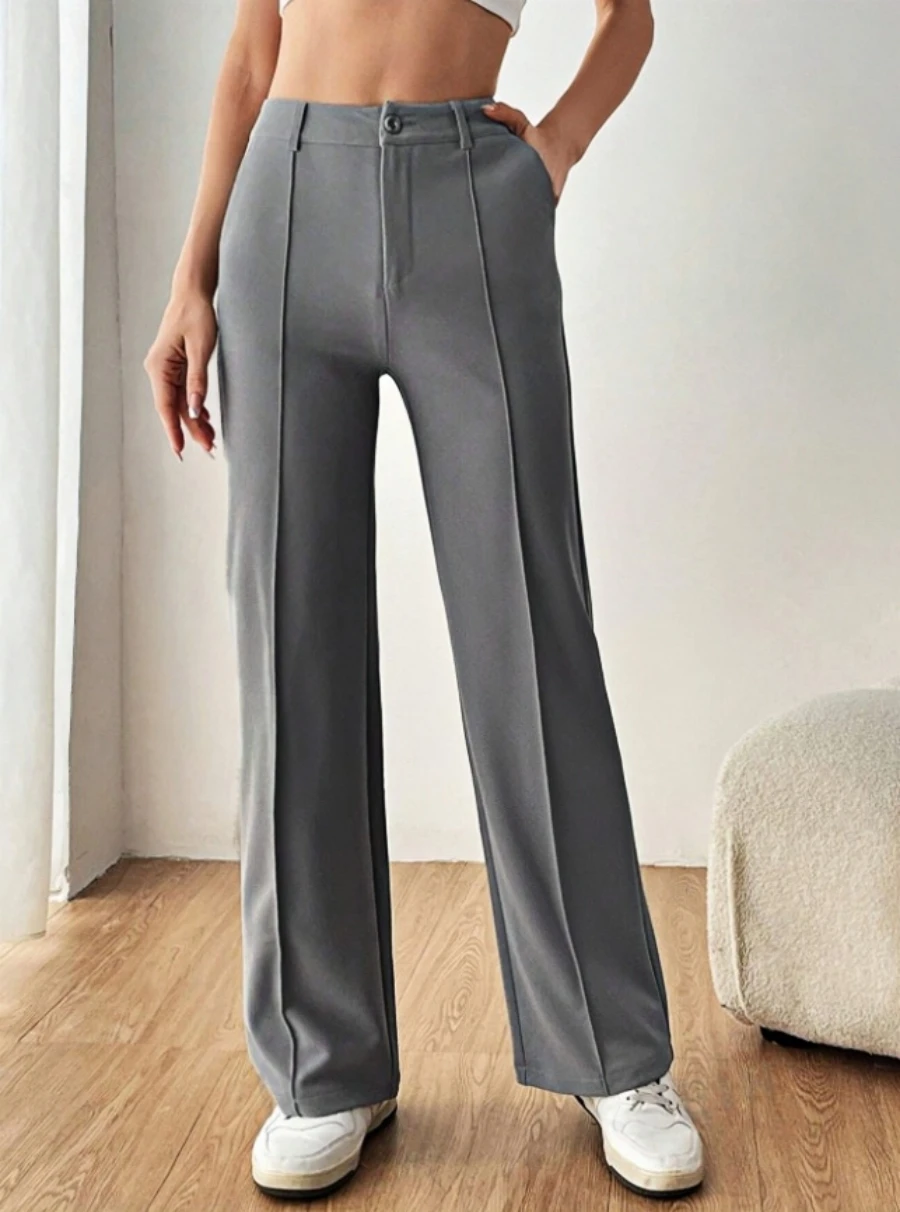 Women's Grey High Waist Wide Leg Pants Seam Front Button Loose Casual Office Work Spring Summer Fashion Commuting Trousers