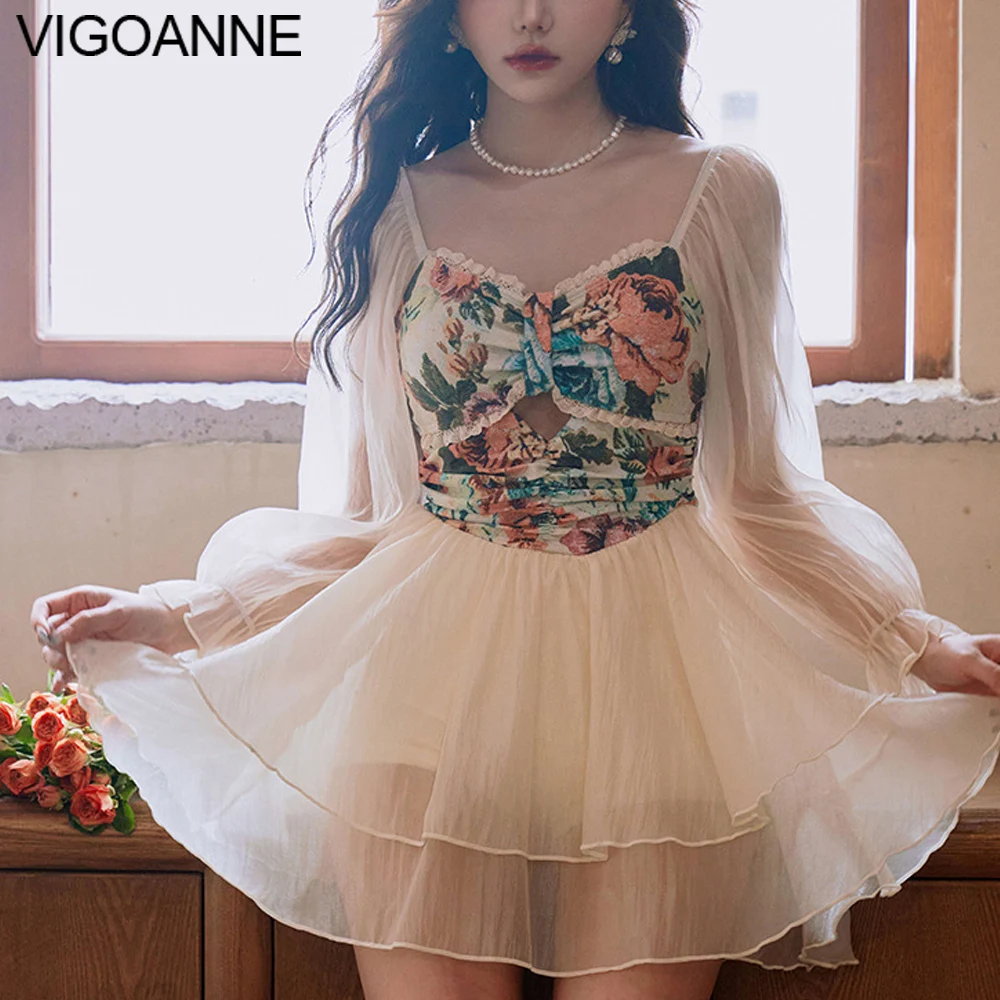 VigoAnne Mesh Long Sleeve Dress Swimwear Women 2025 Push Up Hollow  One Piece Swimsuit Korean Monokini Backless Bathing Suit