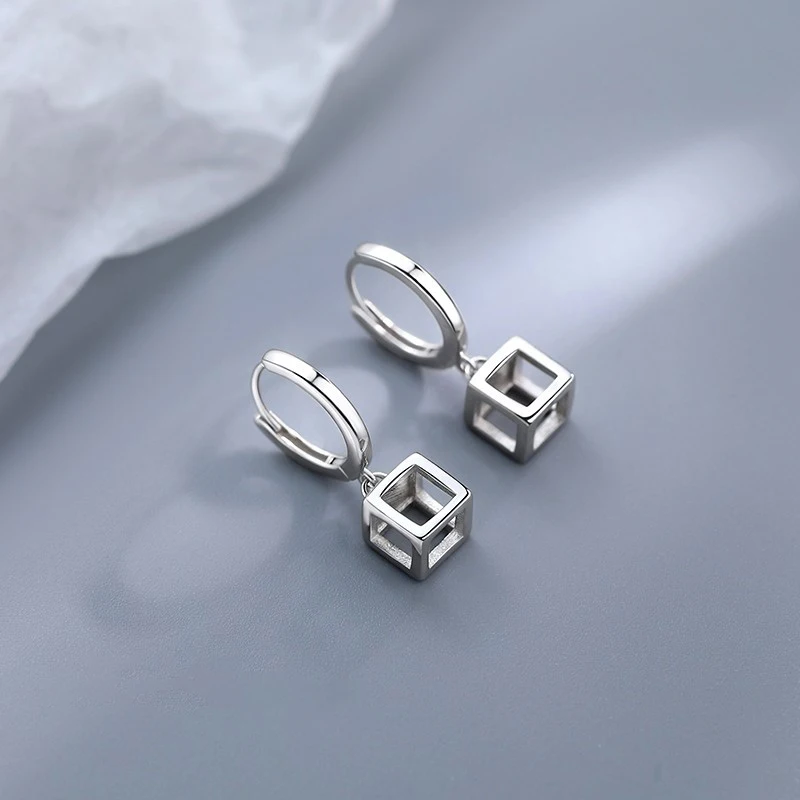 

Real 925 Sterling Silver Hollow Square Pendant Hoop Earrings for Fashion Women Minimalist Fine Jewelry Geometric Accessories