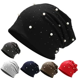 2024 New Female Ladies Soft Cotton Autumn Spring Hats Women Girls Pearl Rhinestones Warm Caps Turban Bonnet Hat