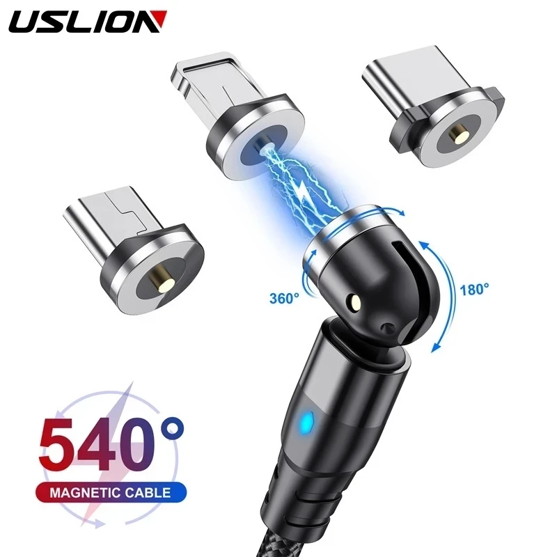 USLION-Cable magnético giratorio de 540 grados, Cable Micro USB tipo C para teléfono iPhone 11 Pro XS Max, Samsung y Xiaomi