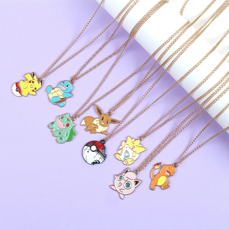 2PcsAnime Pokemon Metal Pendant Necklace Cute Figure Pikachu Squirtle Psyduck Bulbasaur Jigglypuff Jewelry Party Decoration Gift