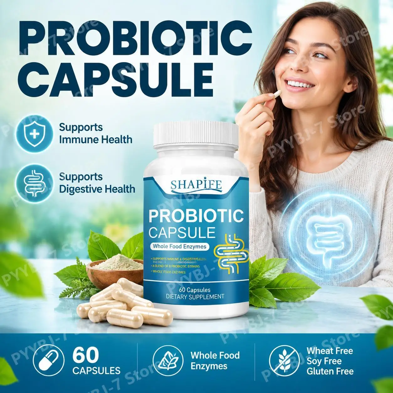 Probiotic Capsule with Whole Food Enzymes 8 Probiotic Strains Blend Supports Immune and Digestive Health 60 Capsules