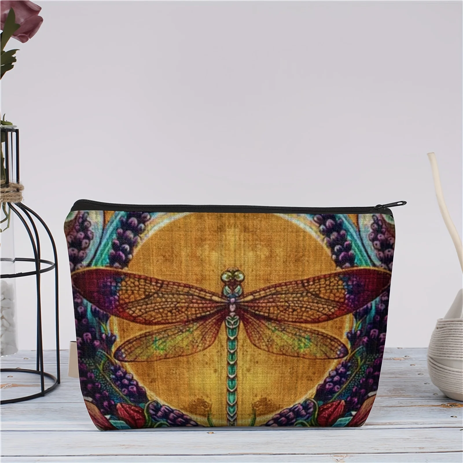 Un sac de maquillage rétro bohème libellule – Jolie pochette multifonctionnelle à fermeture éclair pour femmes, sac de rangement de bijoux