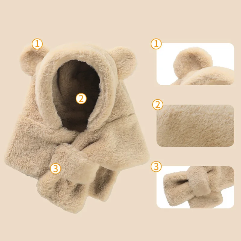 Faux Fur Winter Baby Hat Scarf One-Piece Soft Kids Cap for Girls Boys Cartoon Warmer Neck Ears Baby Bonnet Infant Accessories