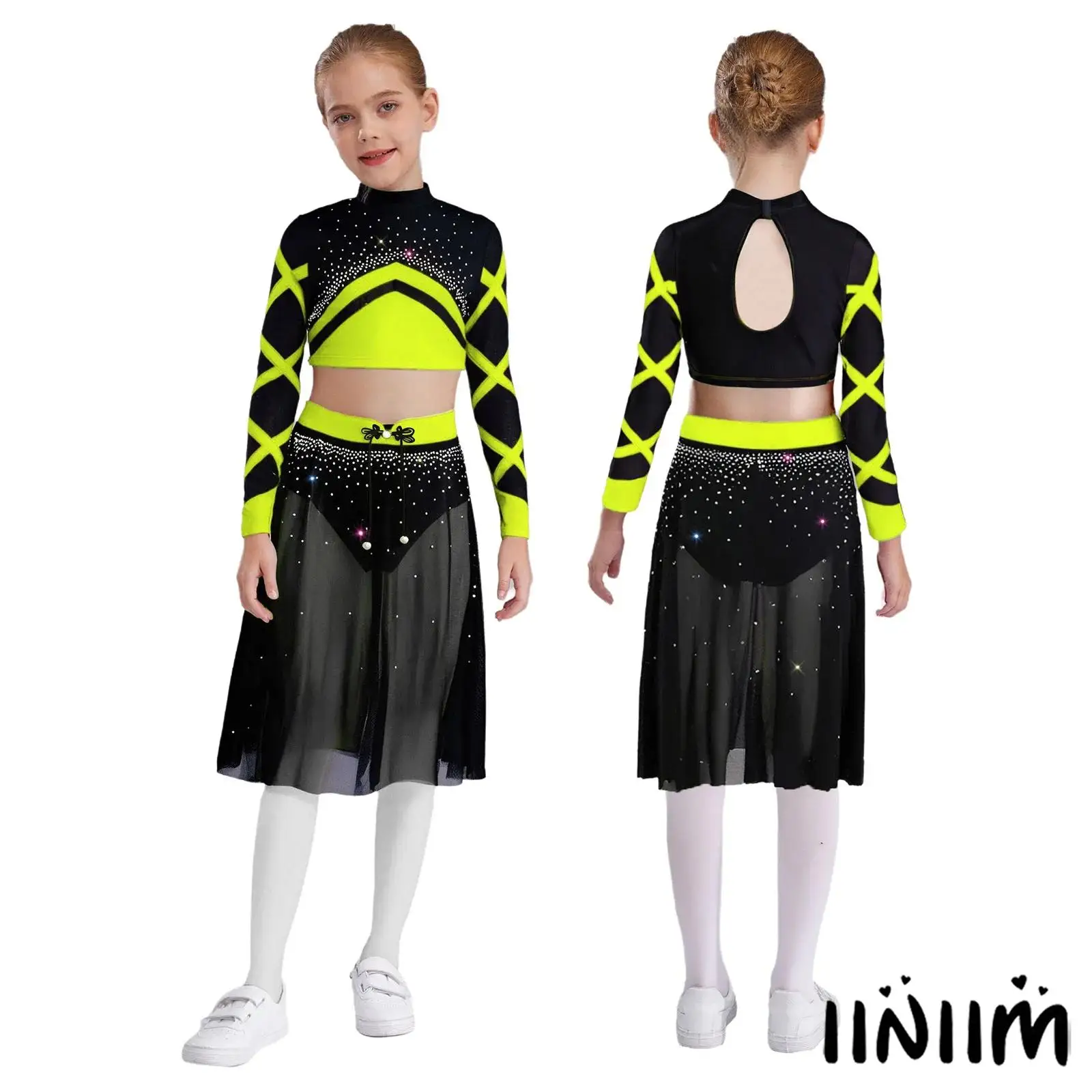 

Kids Girl Jazz Ballet Dance Outfit Long Sleeve Keyhole Back Crop Top with Side Split Mesh Skirt for Belly Lyrical Dance Show
