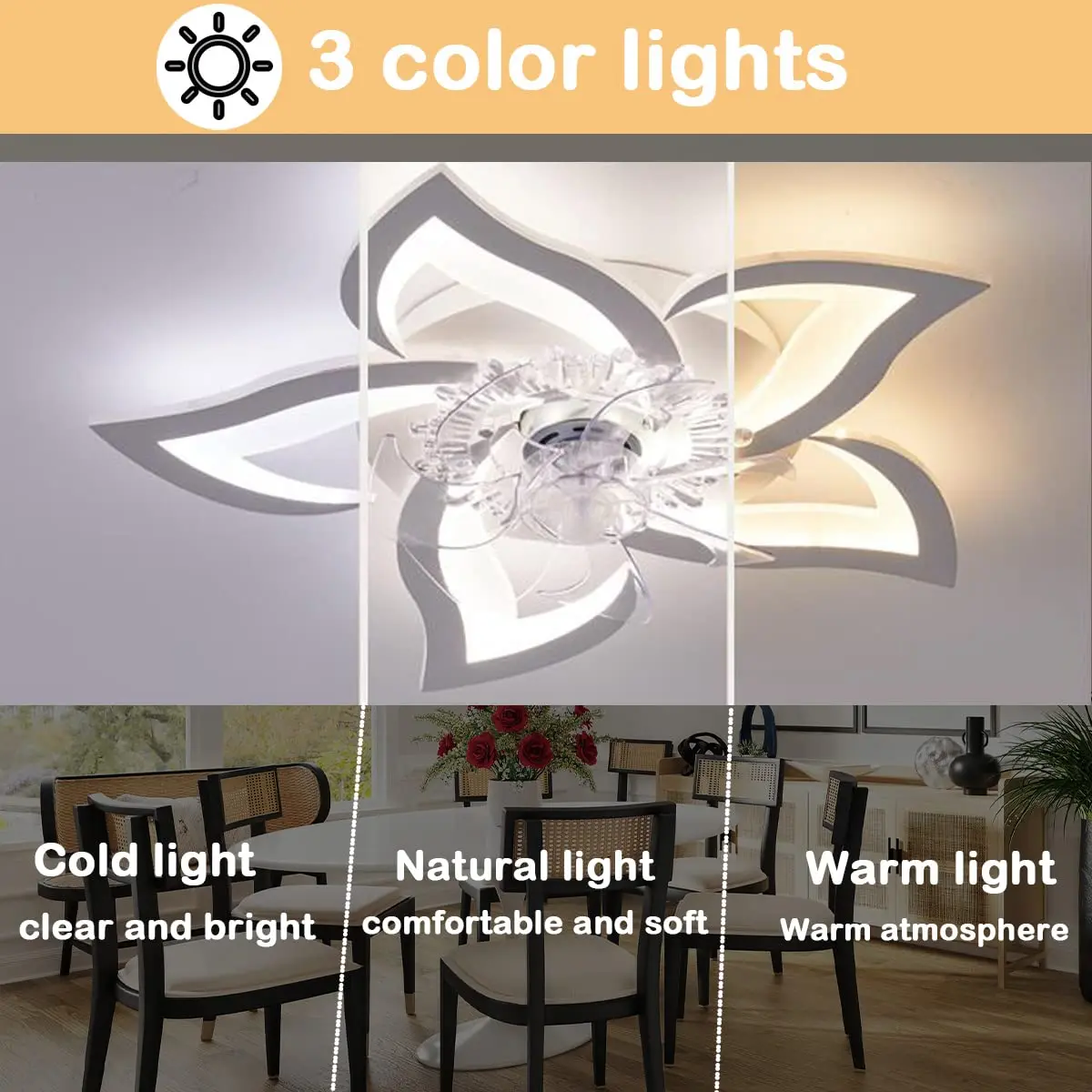 Modern Ceiling Fans with Lights, Fan Lamp with Remote Control, 3 Color Fan Lighting, Petal Ceiling Fan for Bedroom/Living Room - Image 3