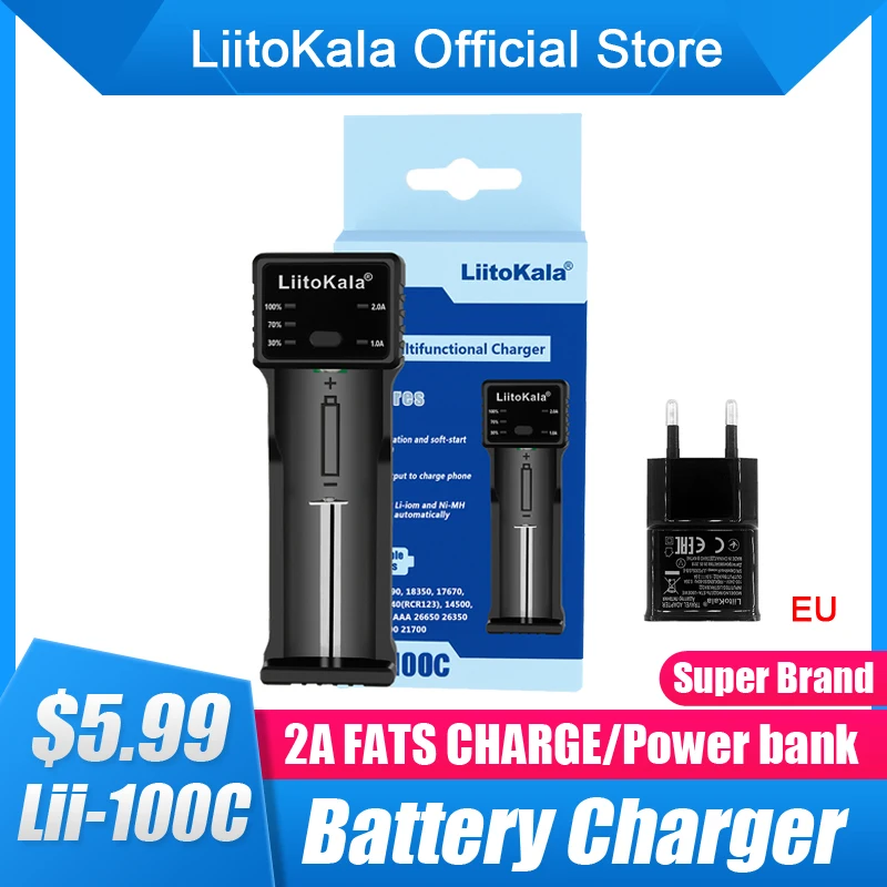 LiitoKala lii-100C 1 Slot 18650 21700 26650 Battery Charger 2A LED Smart Quick Charging USB Rechargeable Lithium Battery Charger