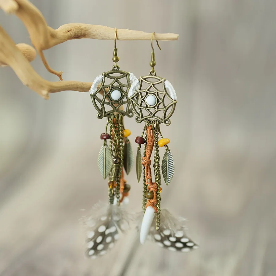 Bohemian Tribal Ethnic Style Long Tassel Earrings Women Retro Woven Feathers Hollow Out Ear Accessories Holiday Premium Jewelry