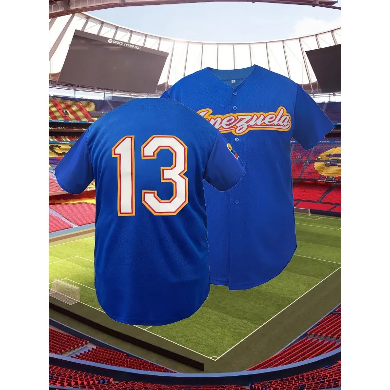남성용 # 13 베네수엘라 스티치 야구 저지 클래식 레터 자수 통기성 스포츠웨어 반팔 티셔츠 남성 의류