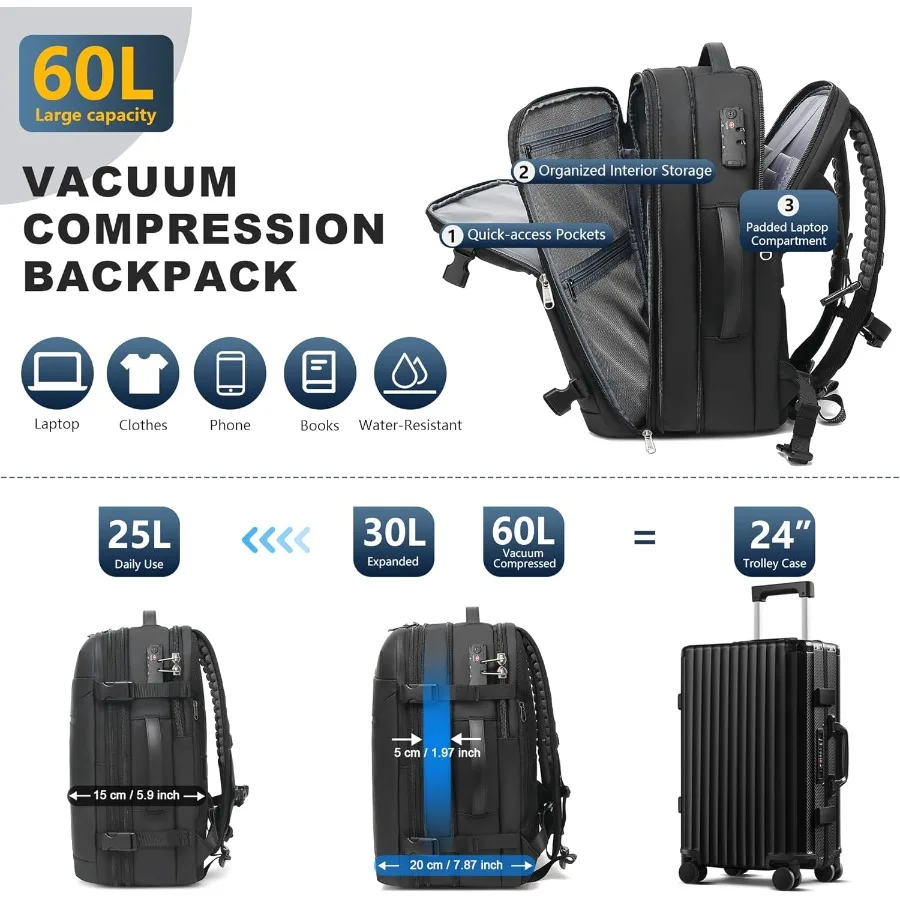 حقيبة ظهر مفرغة للسفر 60L قابلة للتوسيع فراغ الختم ضغط حقيبة السفر مع مضخة TSA مقاوم للماء أكسفورد 17 "كمبيوتر محمول مقارنة #6