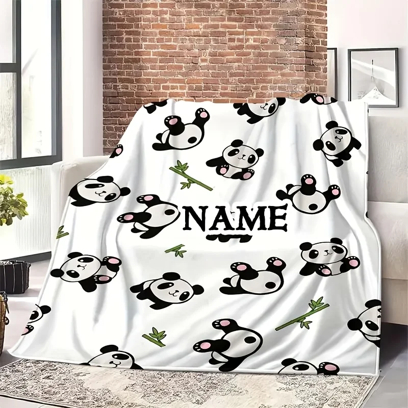 1pc text custom creative panda print flannel blanket, digital print, suitable for sofa bed, travel camping and living room