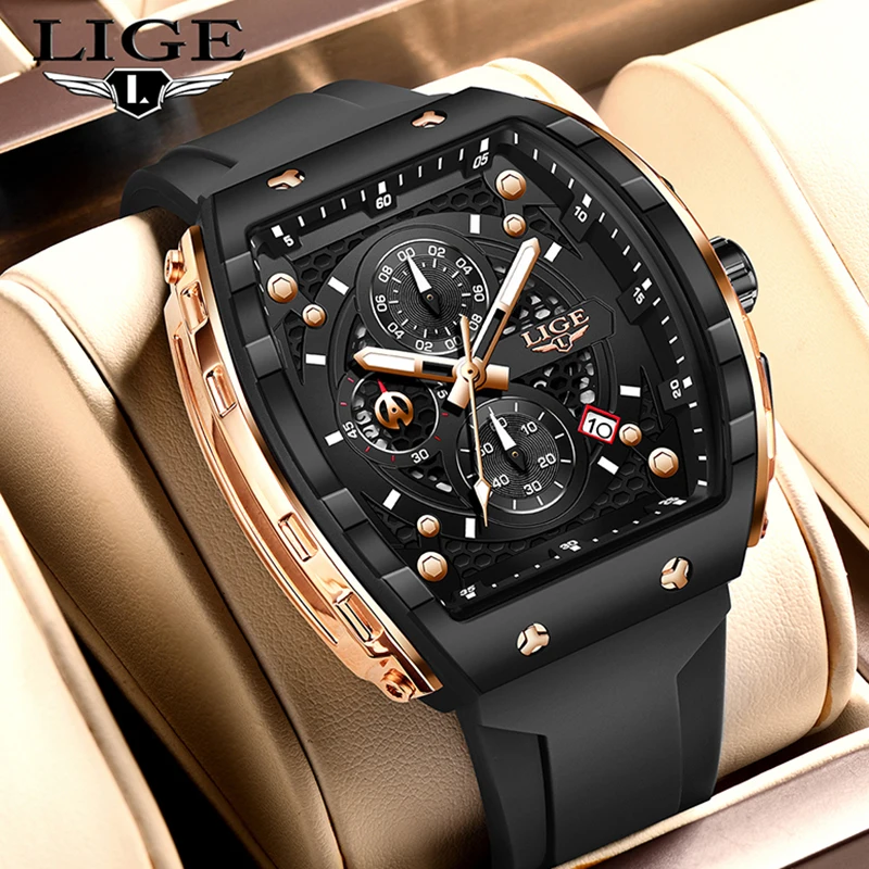 LIGE original 2024 classic luxury men\'s watch quartz silicone strap date luminous business casual watches for men reloj hombre