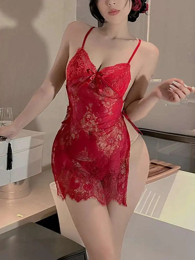 New Sexy 2025 V-neck Lace Mesh Sheer Backless Large Size Sling Dress Women Cinching Waist Slim High Slit Short Dress DX2E