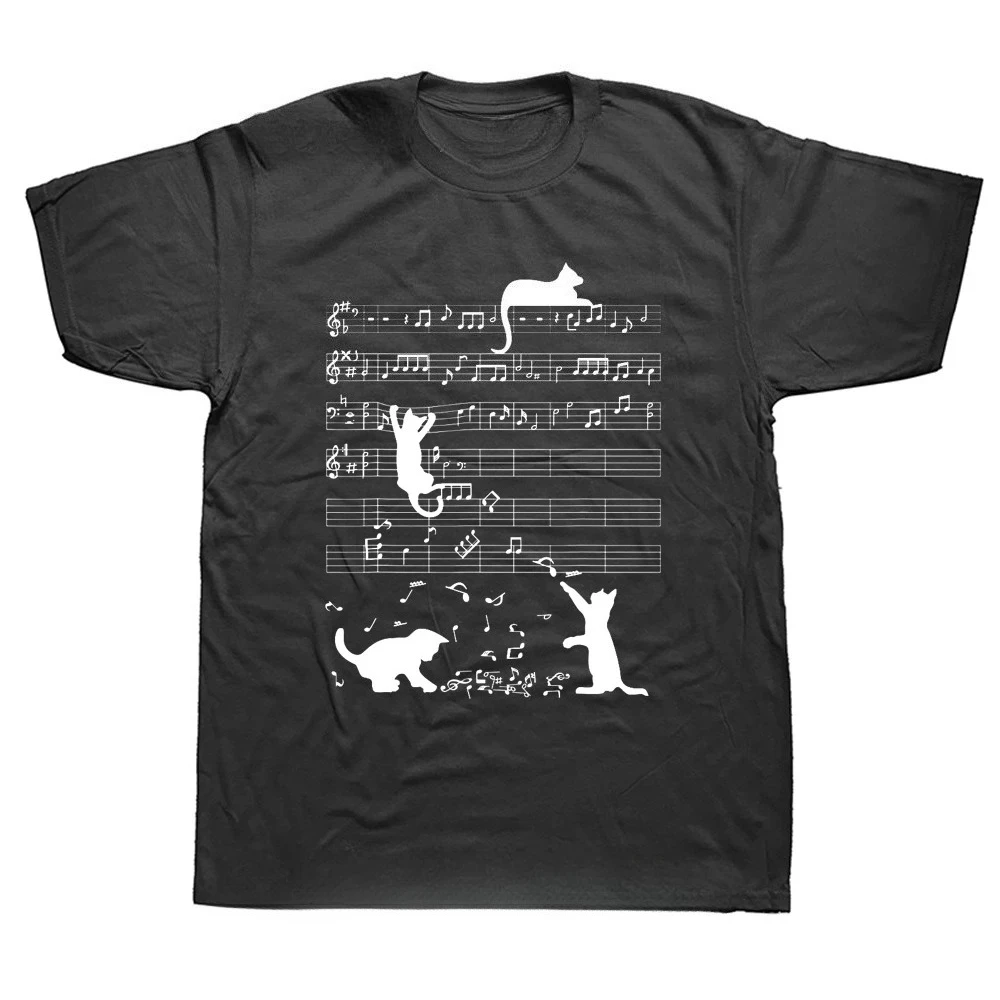 Men's T-Shirt: Fun 100% Pure Cotton Print — Cat, Musical Note, and Piano Pattern — Loose-Fit, Casual, Comfortable Streetwear Tee