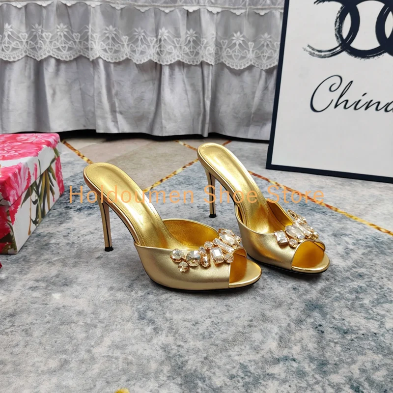 

Gold Matte Light Luxury Rhinestone Buckle Summer Slippers Trendy Peep Toe Stiletto Slippers Genuine Leather Sole Wear-Resistant