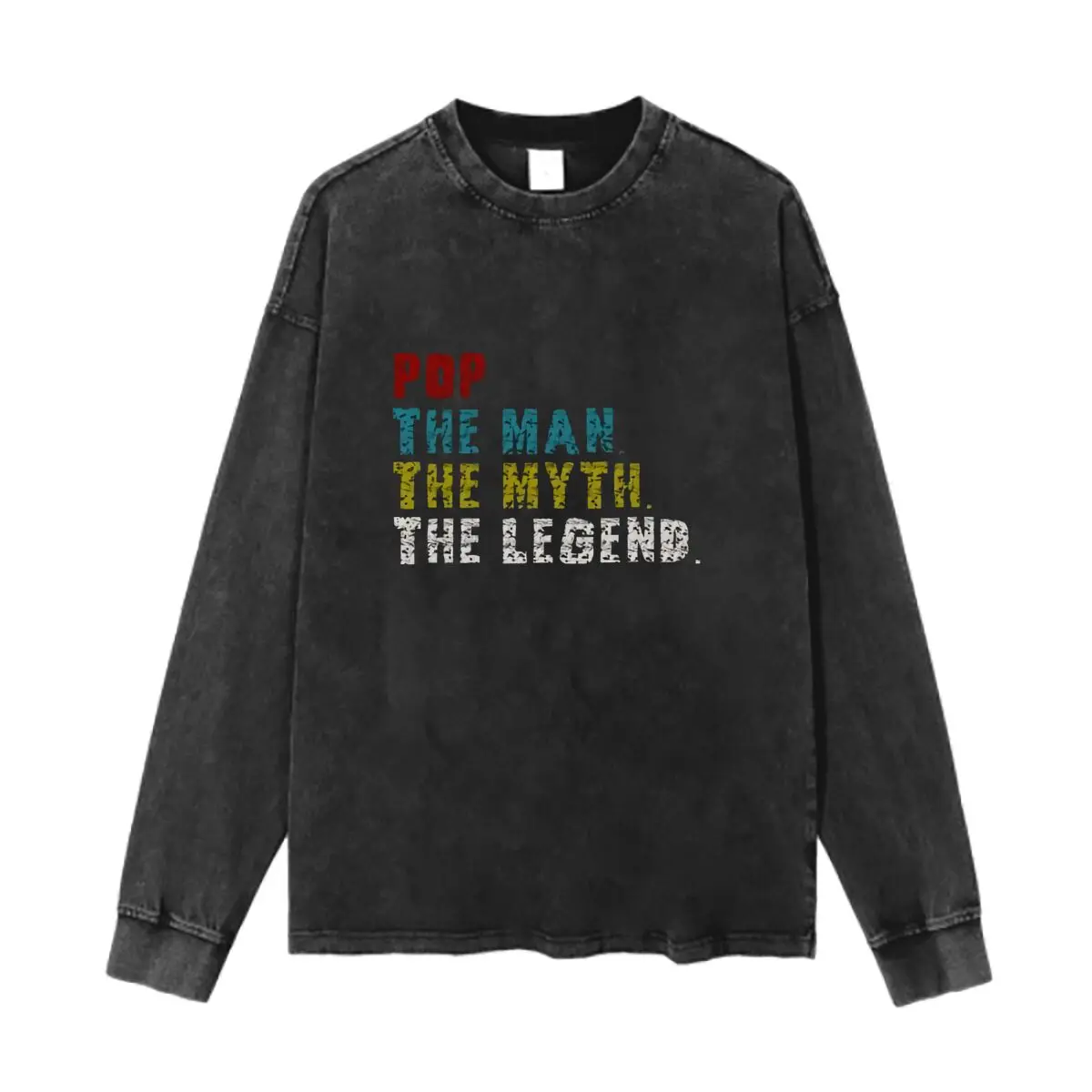 Pop the Man, the Myth, the Legend Text Washed Vintage Long Sleeves Cotton Tee Shirt Solid O Collared For Men's And Women's