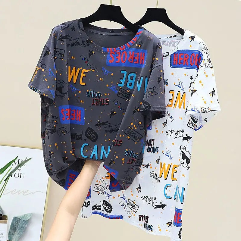 Summer New Thin Letter Printing T Shirts Short Sleeve O-Neck Loose Trend Plus Size Tops Tees Casual Fashion Women Clothing