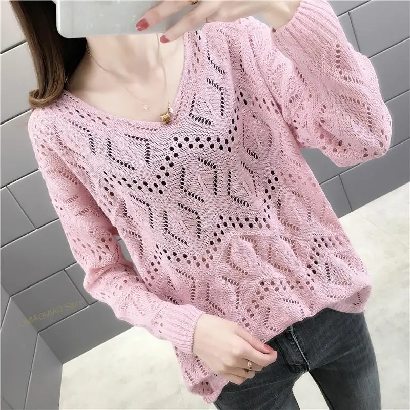 New Autumn Ladies V-neck Hollow Long Sleeve Knitwear Ladies Short Fashion Loose Harajuku Knitting Tops Lady Thin Knit Jumper