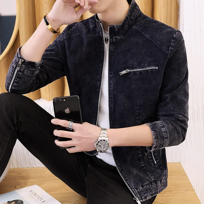 Spring Autumn Men Stand Collar Denim Jacket Fashion Retro Motorcycle Coats Male Long Sleeve Zipper Casual Skinny Jeans Outerwear