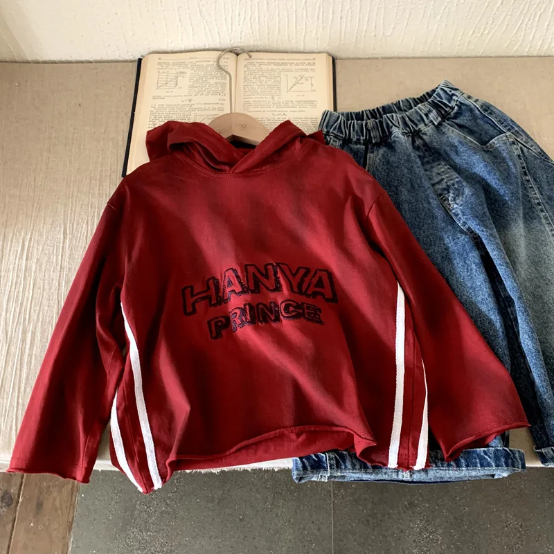 

Boys Hoodie 2025 Childrens Clothing Spring Autumn Fashion Trendy Cool Red Long Sleeve Letter Print Hooded Sweatshirt