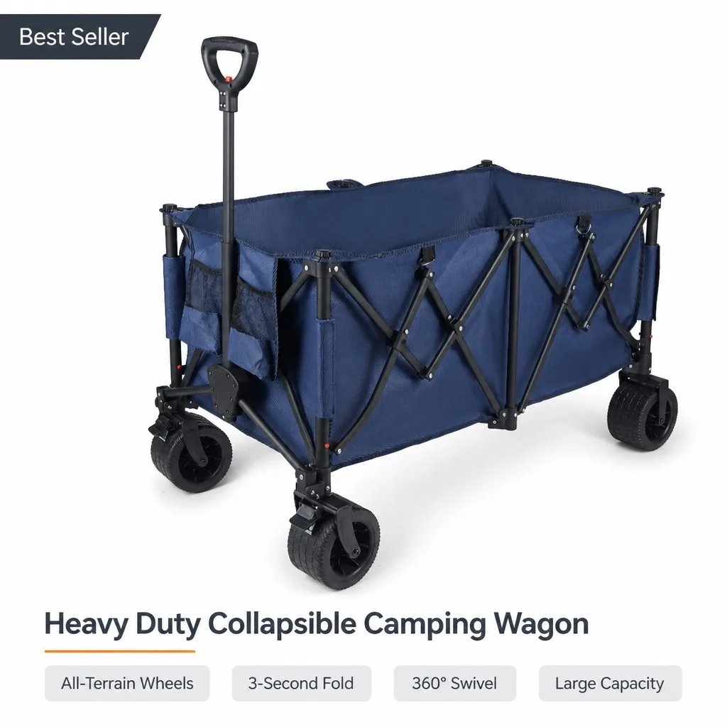 Folding Wagon Cart with Brakes Heavy Duty Collapsible Utility Wagon 360 Swivel Block Tread Wheels 3 Second Fold Portable Camping