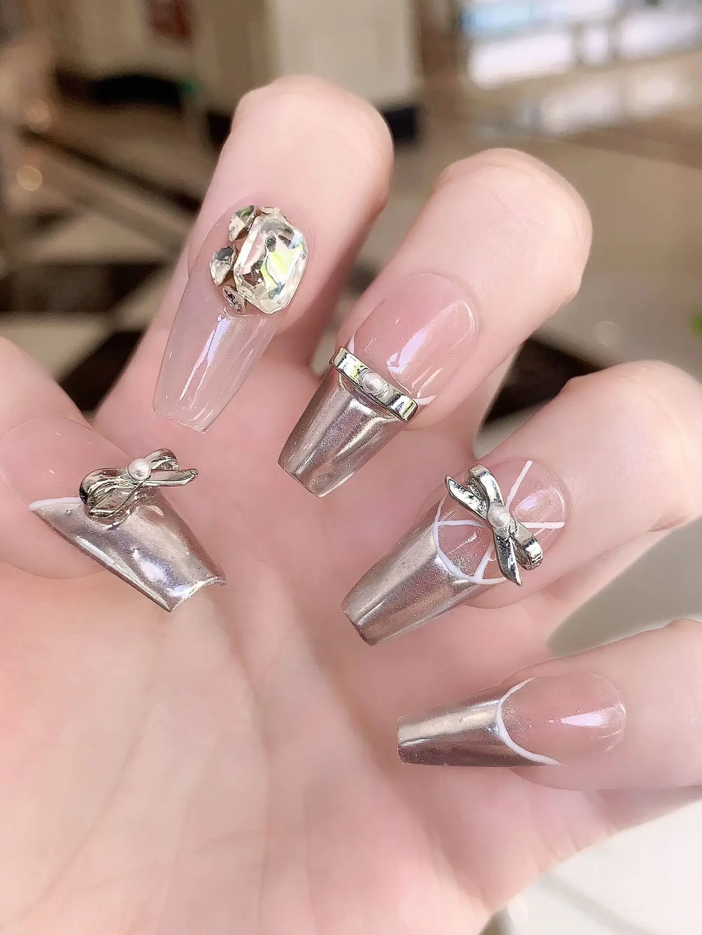 Handmade Nails Silvery Ballerina False Nails with Bow Design French False Nails Tips Wearable Rhinestone Y2K Press on Nails