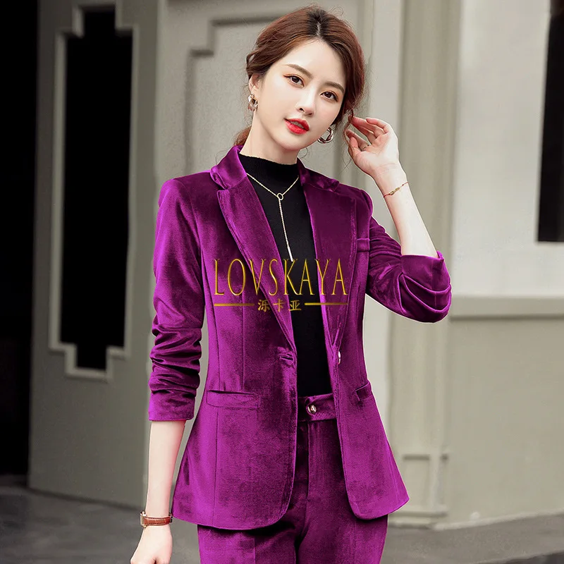 Golden velvet suit set long sleeved suit jacket women\'s professional temperament top autumn and winter